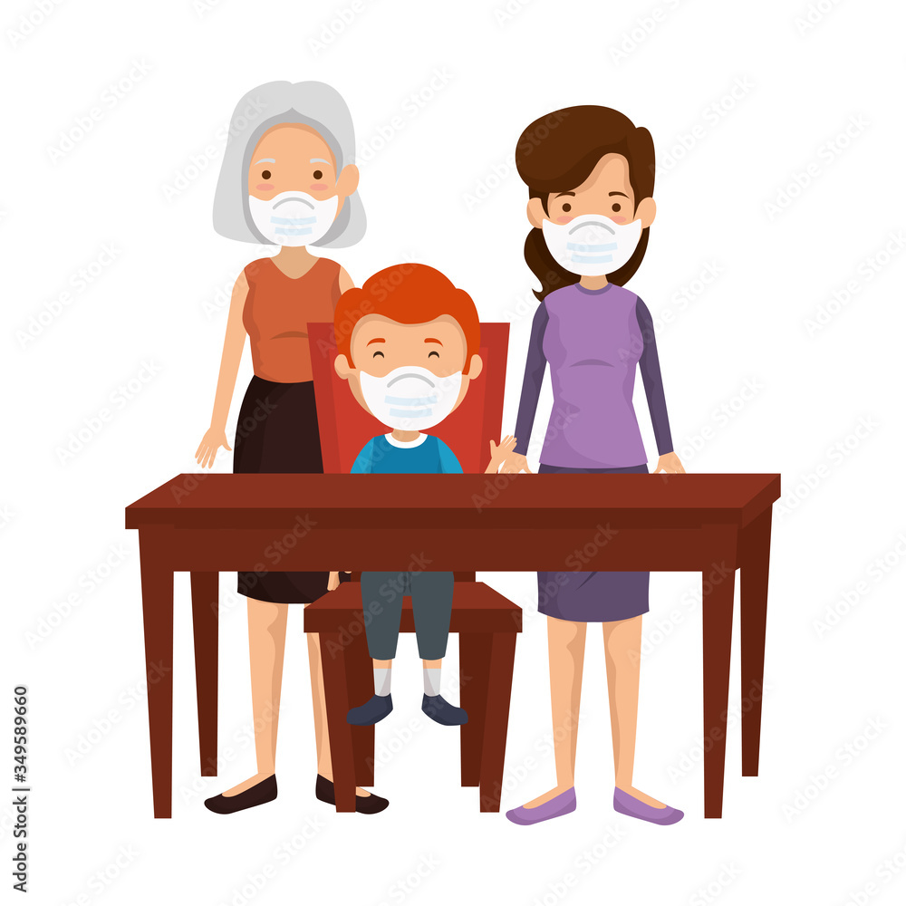 mother with grandmother and son using face mask in wooden table vector illustration design mother with grandmother and son using face mask in wooden table vector illustration design