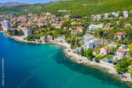 Croatia, Adriatic coast, beautiful town of Opatija and Volosko, popular tourist resort, coastline aerial view, Kvarner bay