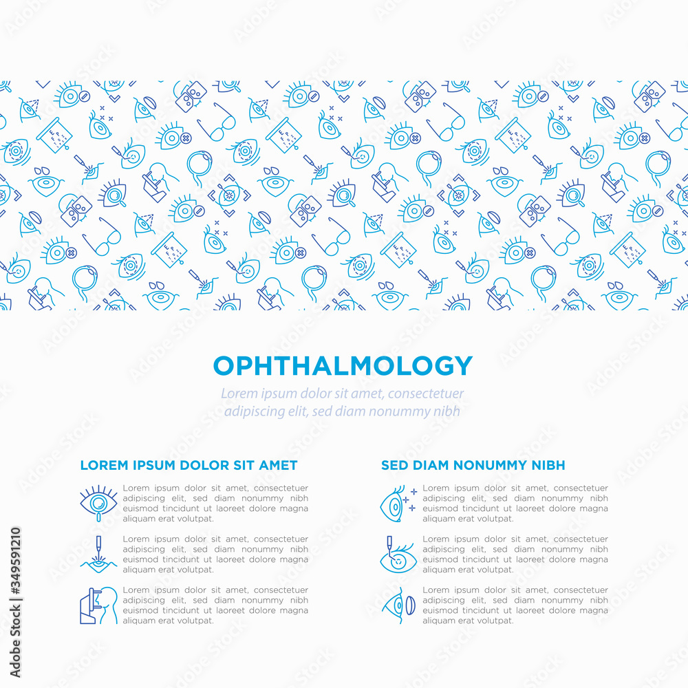 Ophthalmology concept with thin line icons: laser eye surgery, eye test, eye drops, contact lenses, cataract, astigmatism, phoropter, autorefractometer. Vector illustration, template with copy space. Ophthalmology concept with thin line icons: laser eye surgery, eye test, eye drops, contact lenses, cataract, astigmatism, phoropter, autorefractometer. Vector illustration, template with copy space.