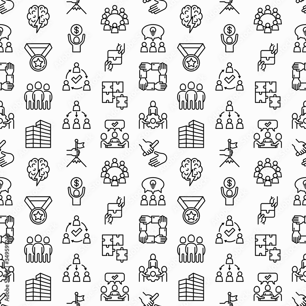 Teamwork seamless pattern with thin line icons: relay race, brainstorm, success, meeting, idea share, collaboration, joint project, unity, support, delegation, bonus. Modern vector illustration. Teamwork seamless pattern with thin line icons: relay race, brainstorm, success, meeting, idea share, collaboration, joint project, unity, support, delegation, bonus. Modern vector illustration.