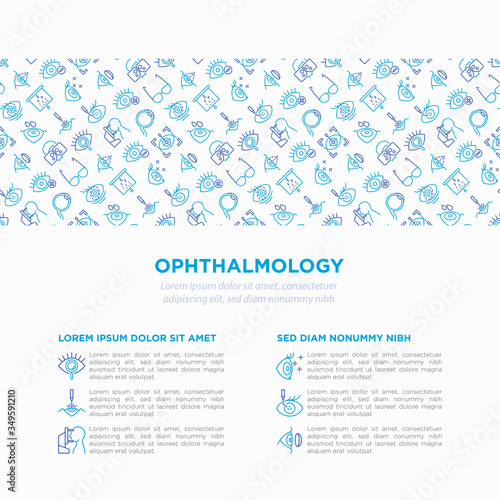 Ophthalmology concept with thin line icons: laser eye surgery, eye test, eye drops, contact lenses, cataract, astigmatism, phoropter, autorefractometer. Vector illustration, template with copy space.