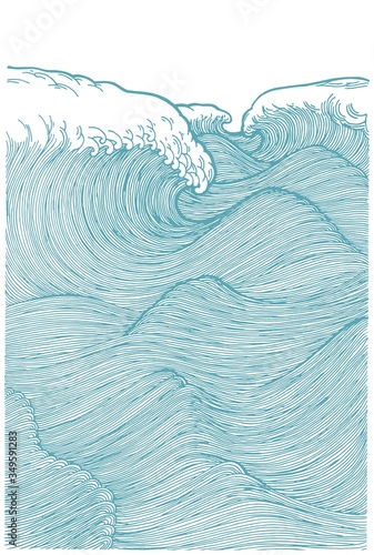 Big waves in the ocean. Tropical sea waves in Japanese art style. Line illustration vector pattern.