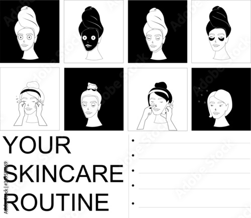 Illustration set of a woman doing daily skin care