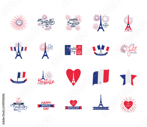 Fotografija hearts and Happy bastille day icon set, flat style