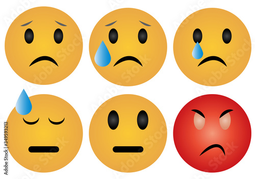 Emoticonos amarillos de tristeza, depresión y enfado.