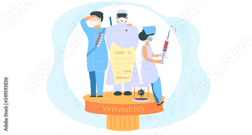 Doctors defeated Covid-19. Coronavirus infection stopped. Doctors rejoice at their success in treating people. People have won fame. Praise to doctors. Vector stock illustration. Cartoon, flat person.