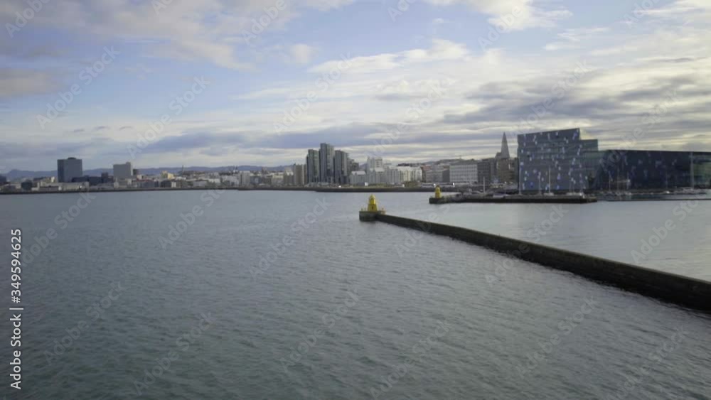 View of Reykjavik from Faxafloi Bay. View of the Scandinavian city from the water View of Reykjavik from Faxafloi Bay. View of the Scandinavian city from the water