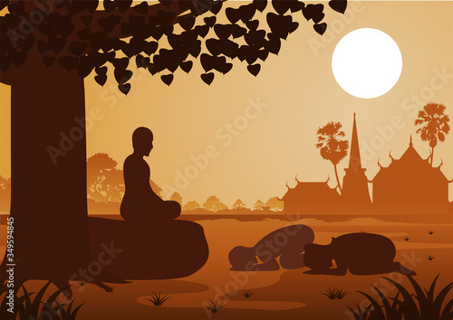 Buddhist couple pay respect to monk politely with faith and believe