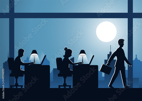 business man work overtime hard with laptop to complete his work with cityscape background on night time,silhouette style