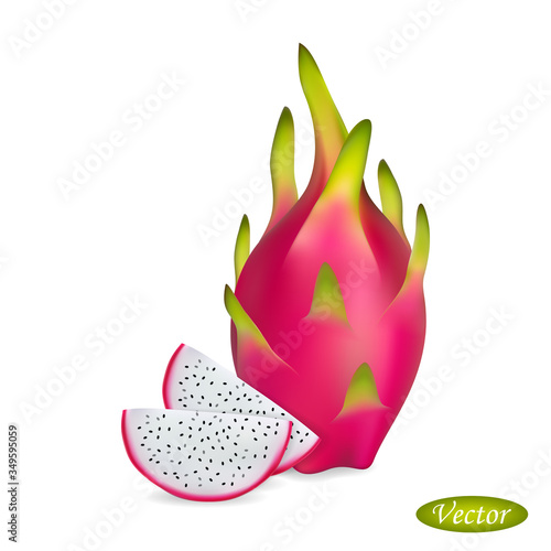Dragon fruit isolated on a white background. Realistic fruit. Macro icon juicy pitahaya and slices. Exotic sweet fruits. Vector illustration 3D. Design element.
