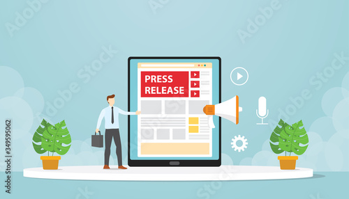 Public relations make press releases through company blogs. Modern flat cartoon design.