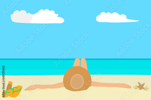 Woman who is wearing hat, she is laying down on the beach. The yellow sand and the clear sea with blue sky. Summer trip with family. Enjoy vacation. Chill out Holiday. Journey, tourism concept.