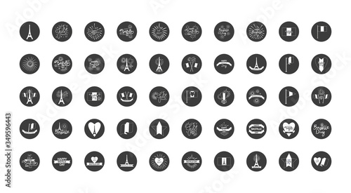 Happy bastille day icon set, block silhouette style