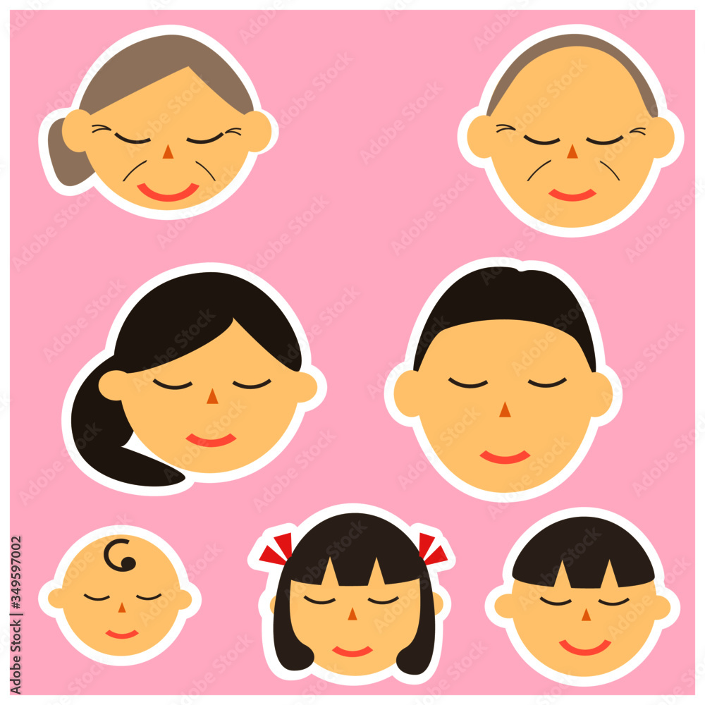Face icons of family members. Vector illustrations image. Simple.closing eyes, sleeping, relaxing Face icons of family members. Vector illustrations image. Simple.closing eyes, sleeping, relaxing