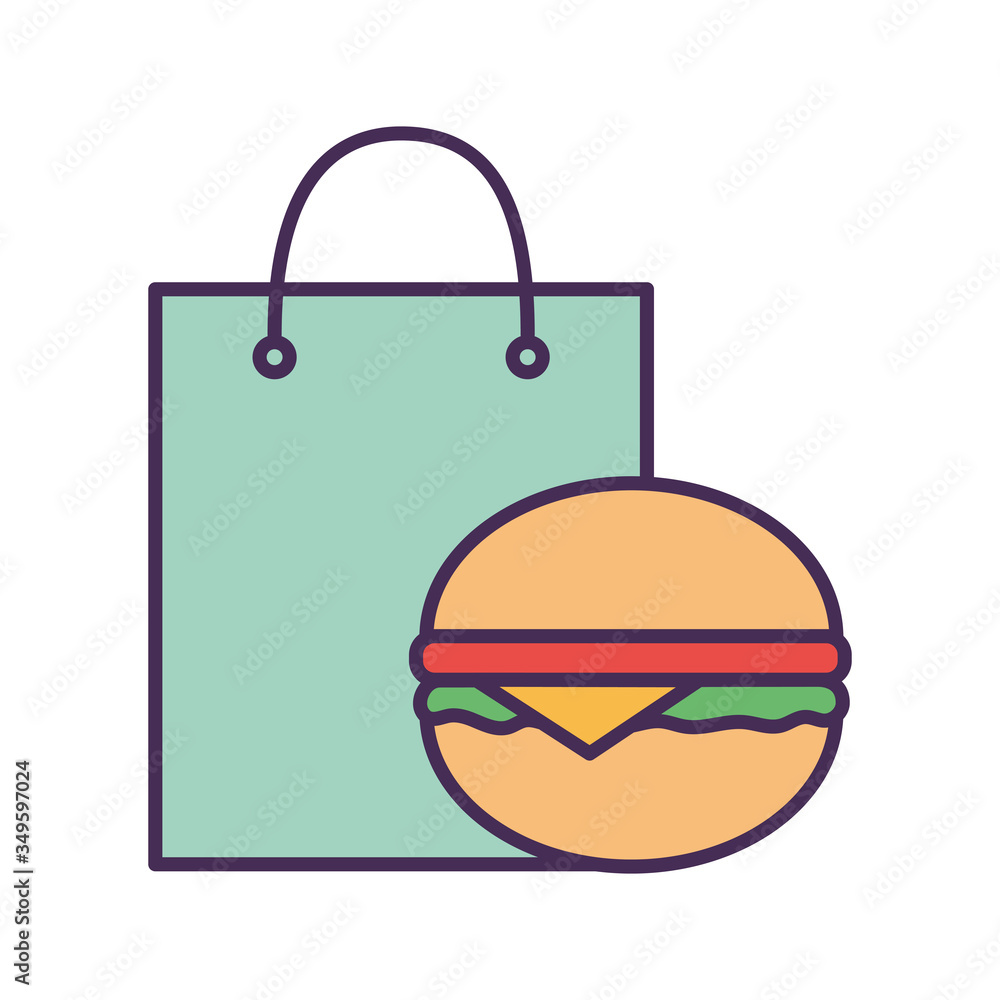 Shopping bag and hamburger line and fill style icon vector design Shopping bag and hamburger line and fill style icon vector design