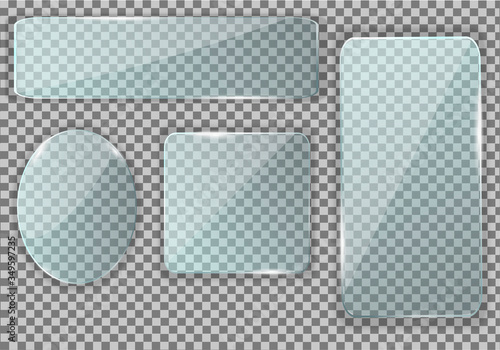 Glass, a mirror of four types in the form of an oval and a rectangle, a square with rounded corners. Pure reflection, flickering glare. Illuminated window insert. Realistic glass screen. Vector
