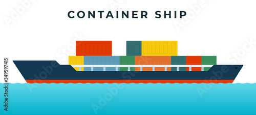Container ship for transporting goods in standardized containers vector icon flat isolated.