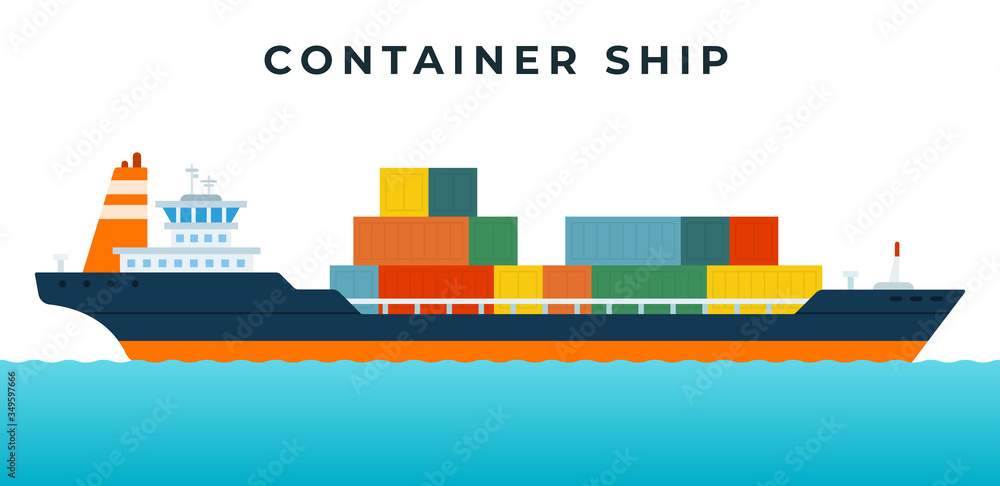 Obraz premium Container ship with command cabin and cargo vector icon flat isolated.