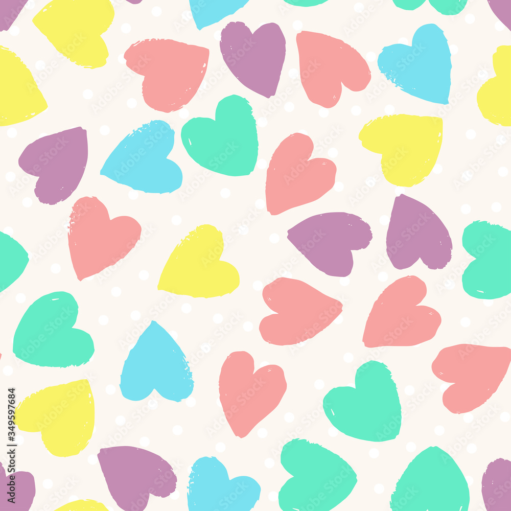 Seamless pattern with pink, yellow, blue and violet hearts on white background. Vector design for textile, backgrounds, clothes, wrapping paper and wallpaper. Fashion illustration seamless pattern.