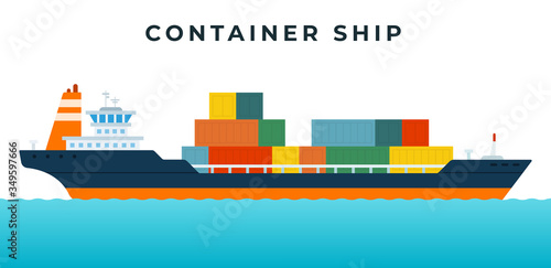 Container ship with command cabin and cargo vector icon flat isolated.