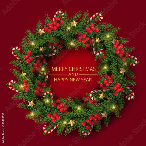 Merry Christmas and Happy New Year. Illustration of Christmas wreath made by tree branches with berries, candy canes and decoration in red background.  