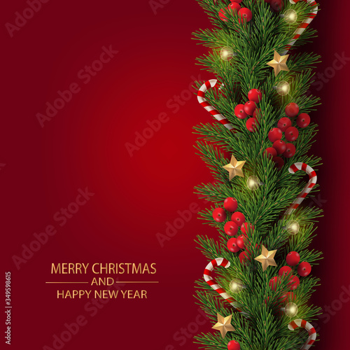 Merry Christmas and Happy New Year. Christmas tree branches with berries, gold stars, candy canes and decorated in red background. 