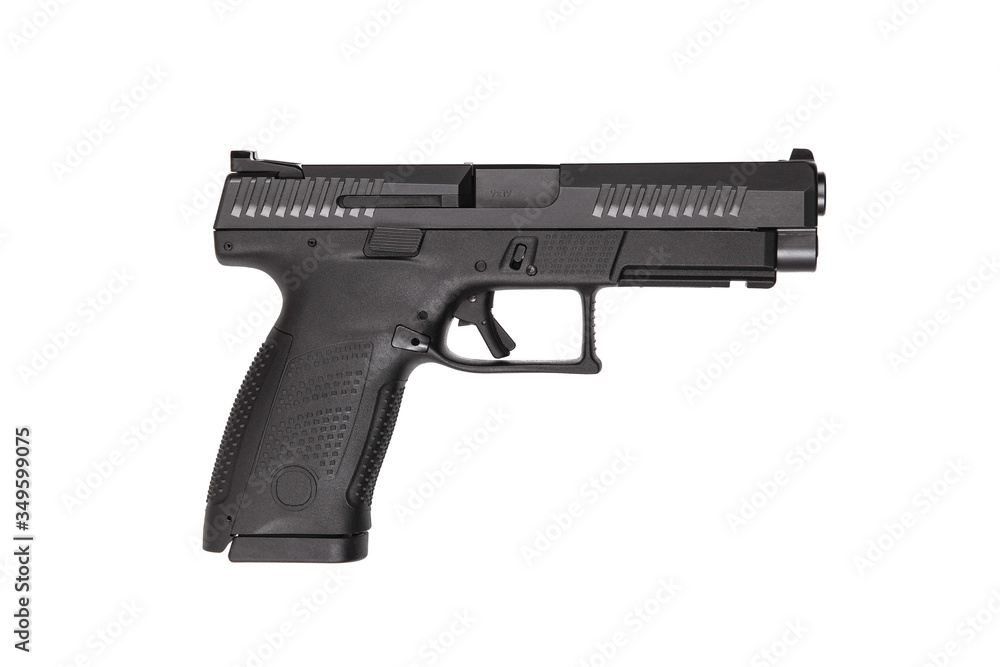 Black gun pistol isolated on white background. Short-barreled weapons for sports and self-defense. Armament for police units, special forces and the army.