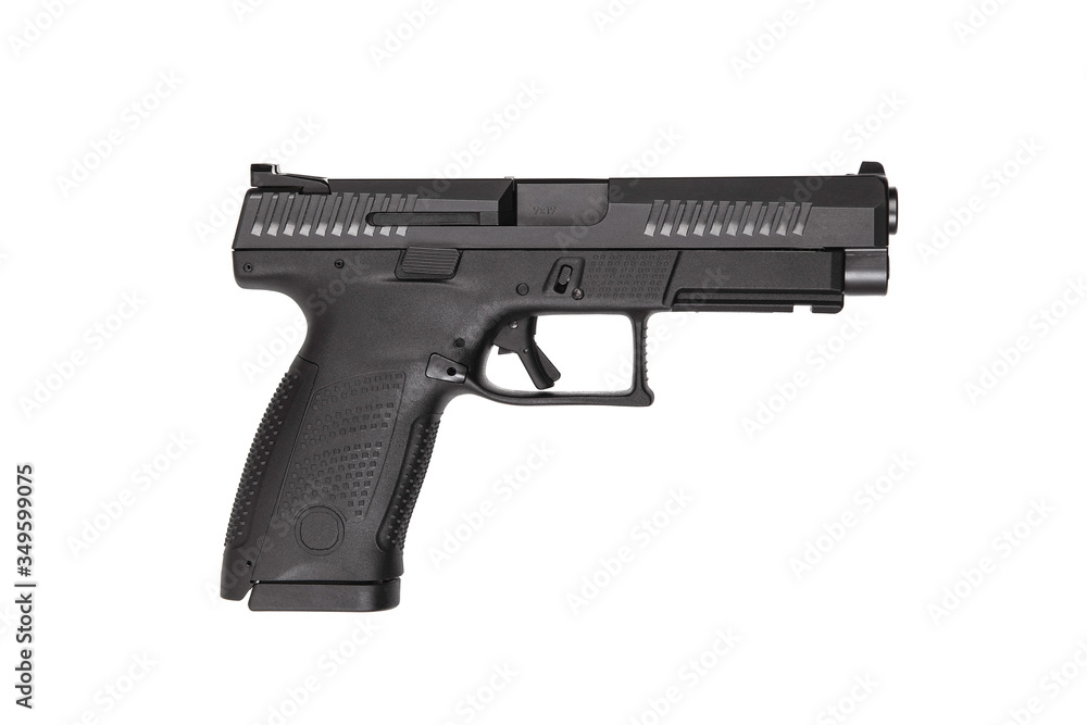 Black gun pistol isolated on white background. Short-barreled weapons for sports and self-defense. Armament for police units, special forces and the army. Black gun pistol isolated on white background. Short-barreled weapons for sports and self-defense. Armament for police units, special forces and the army.