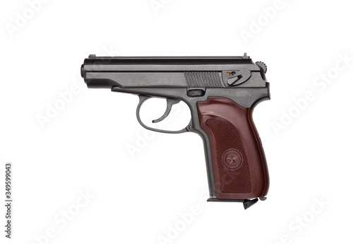 Air gun isolate on white back. Pistol for sport shooting. A copy of a real weapon.