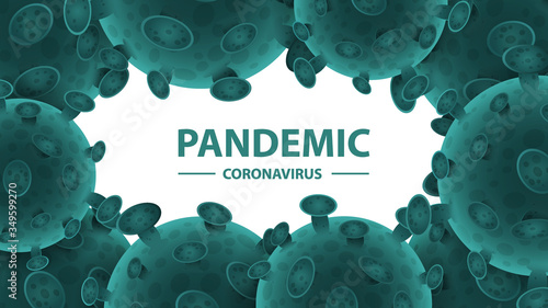 Pandemic. Stop coronavirus, stay at home, green warning poster with large title and 3D molecule of coronavirus. Coronavirus COVID-2019. Vector image. Coronavirus background in black colors