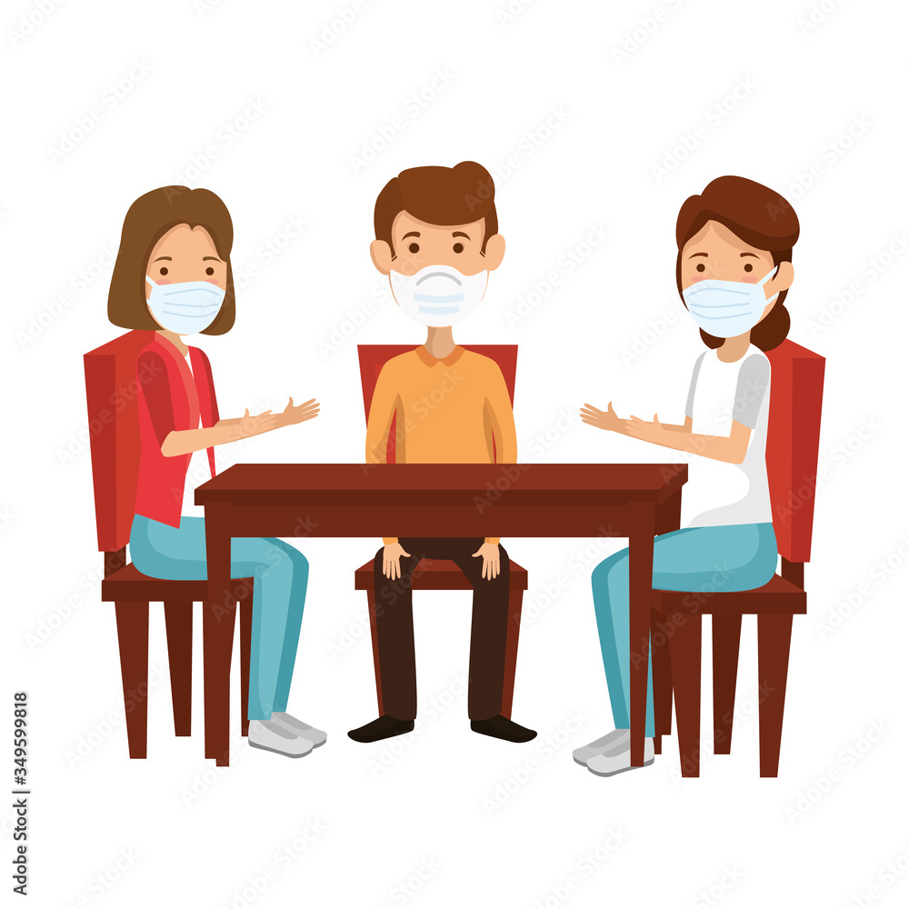 group people using face mask in wooden table vector illustration design group people using face mask in wooden table vector illustration design