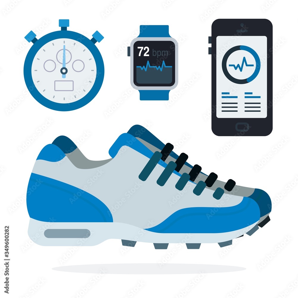 Naklejka premium Set of Sports Equipment Fitness trackers vector icon flat isolated.