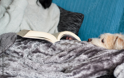 Woman with her dog relaxing and reading book