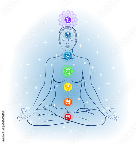 Seven major chakras. Woman sitting in meditation position of yoga.