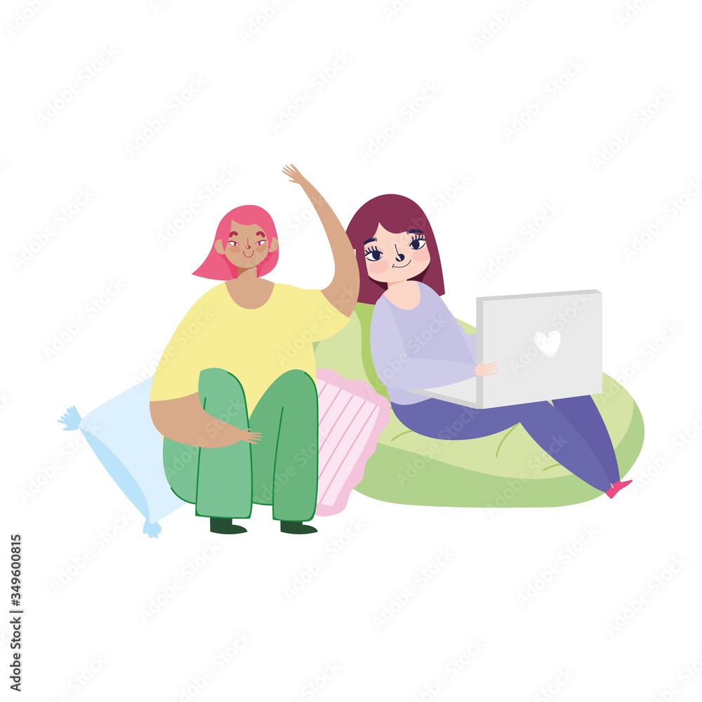 working remotely, young women with laptop on chairs working remotely, young women with laptop on chairs