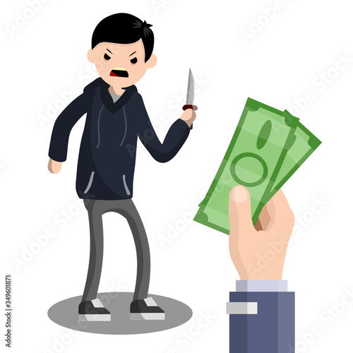 Man with knife extorting money. Hand holding green cash. Problem of urban security. Thief at work. Extortion and robbery.