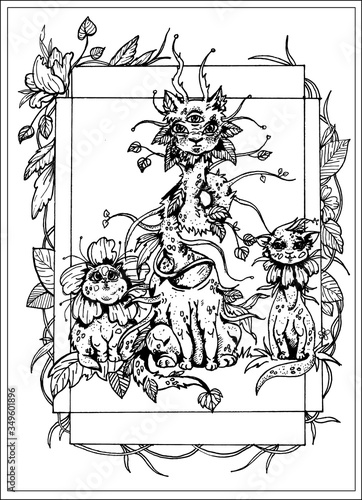 Magic forest animals, fairytale cats, one with long curved neck, antennae and leaves, second funny and plump with a big eyes dressed in a flower that resembles a mane, third cat in collar from petals.
