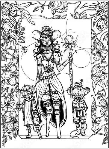 Dark Mouse Queen with large ears and many eyes, with little crown and collar on neck, in a beautiful dress with straps, holds a magic staff in a hand, two small mice stand nearby musketeer and serf.