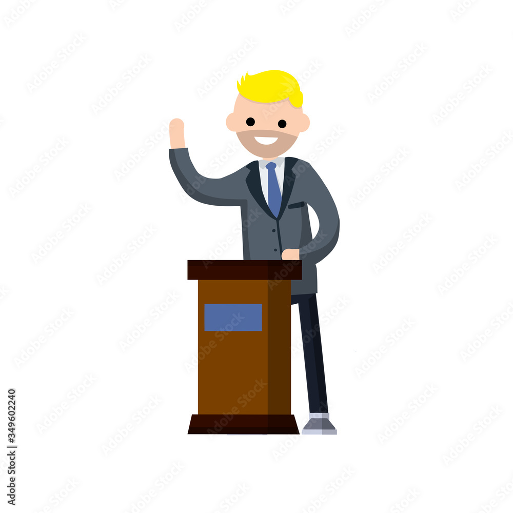 Man in the suit stay behind podium. Presidential election. Political debate. Lecturer in class. The speaker is talking. Dialogue businessman. Cartoon flat illustration Man in the suit stay behind podium. Presidential election. Political debate. Lecturer in class. The speaker is talking. Dialogue businessman. Cartoon flat illustration