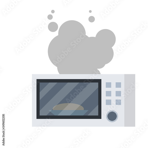 Microwave's on fire. Repair and breakdown of device. trouble cooking. Dangerous fire situation. Cartoon flat illustration. Flames in kitchen. Problem with household appliances