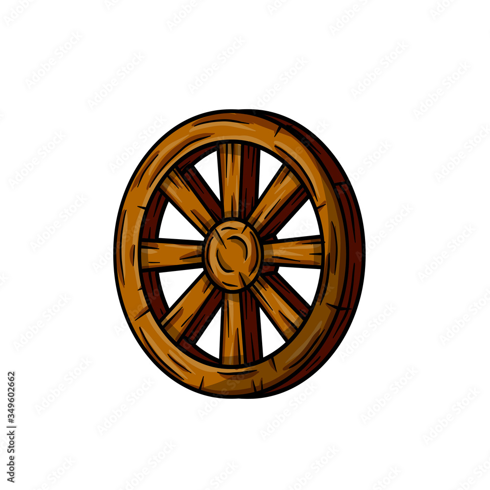 Old wooden cart wheels. A village vehicle in the wild West. Hand drawn cartoon illustration. Brown Detail of wagon with cracks