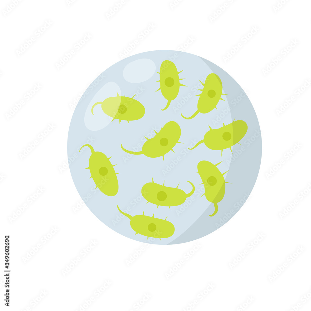 Virus in microscope. proliferation of diseases.Microbiology and educational science. Magnifying glass. Dangerous germ. Unicellular organism. Cartoon flat illustration. Element of medicine and bacteria