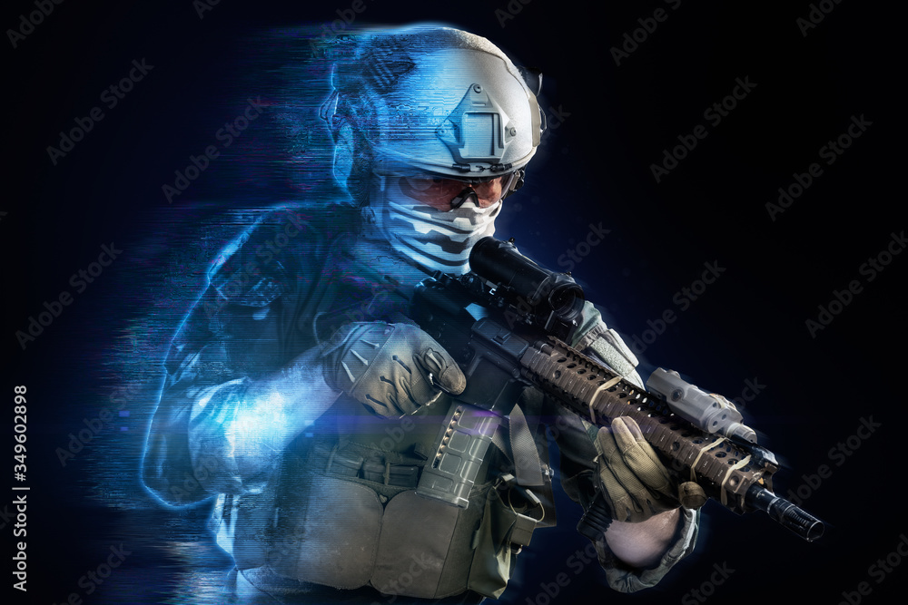 Naklejka premium US marine corps soldier coming out from holographic projection on black background. (future technology military concept)