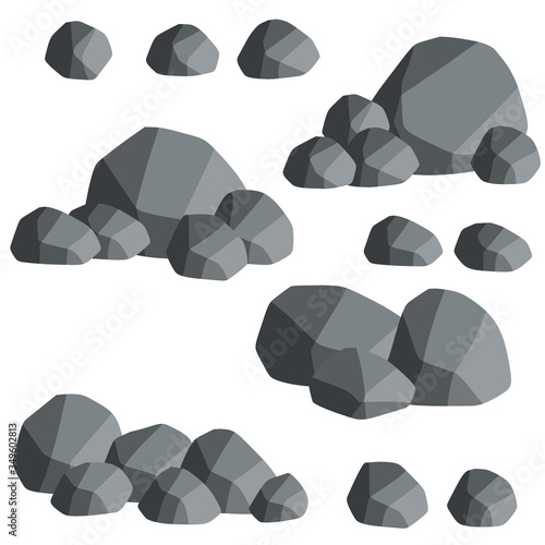 Natural wall stones and smooth and rounded grey rocks. Cartoon flat illustration. Element of forests, mountains and caves with cobblestone