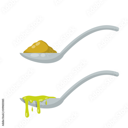 Spoon with food. Teaspoon with soup pudding and porridge. Cartoon flat illustration. Set Of elements of the kitchen and dining room