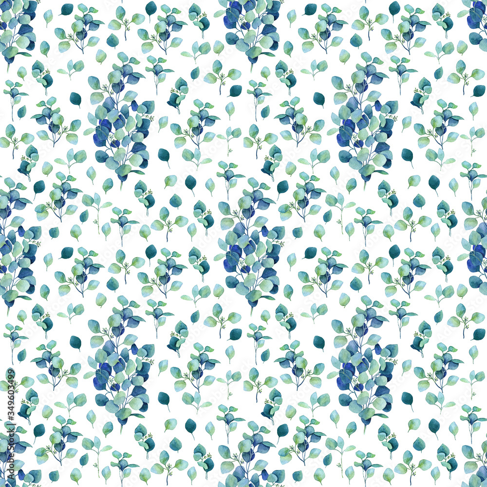 Seamless pattern with watercolor branches and leaves of eucalyptus. Perfect for greetings, invitations, manufacture wrapping paper, textile, wedding and web design. Raster illustration. Seamless pattern with watercolor branches and leaves of eucalyptus. Perfect for greetings, invitations, manufacture wrapping paper, textile, wedding and web design. Raster illustration.