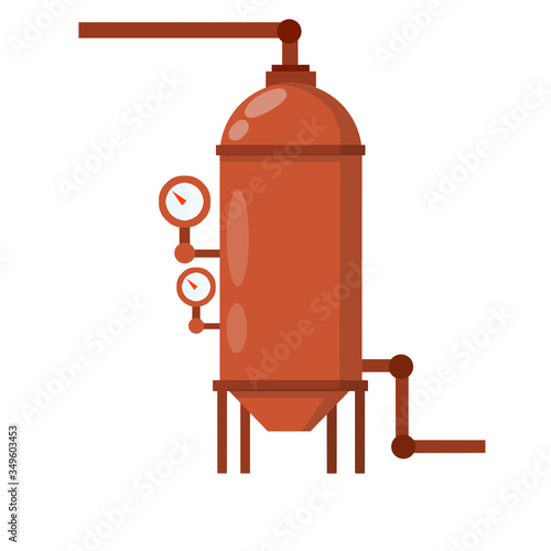 Boiler for heating water. Sanitary engineering. Cartoon flat illustration. Element of house, bath and toilet system. Red tank with pipes and dial