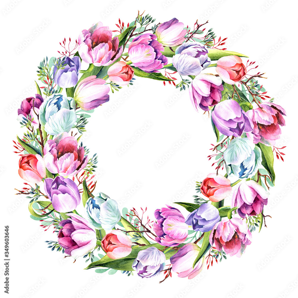 Round frame with watercolor  tulips. Place for your text. Hand painted spring wreath. Raster illustration. Perfect for greetings, invitations, announcement, web design.