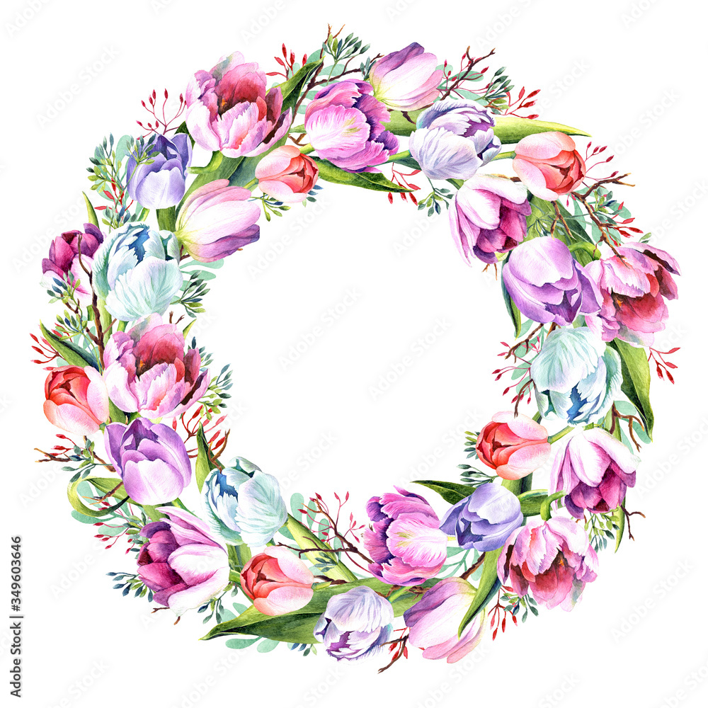 Fototapeta premium Round frame with watercolor tulips. Place for your text. Hand painted spring wreath. Raster illustration. Perfect for greetings, invitations, announcement, web design.