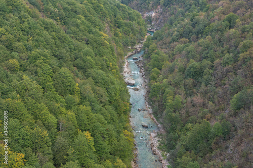 Amazing view of Tara river canyon from Djurdjevica Tara Bridge in Montenegro. Top view. Landscape, travel concept